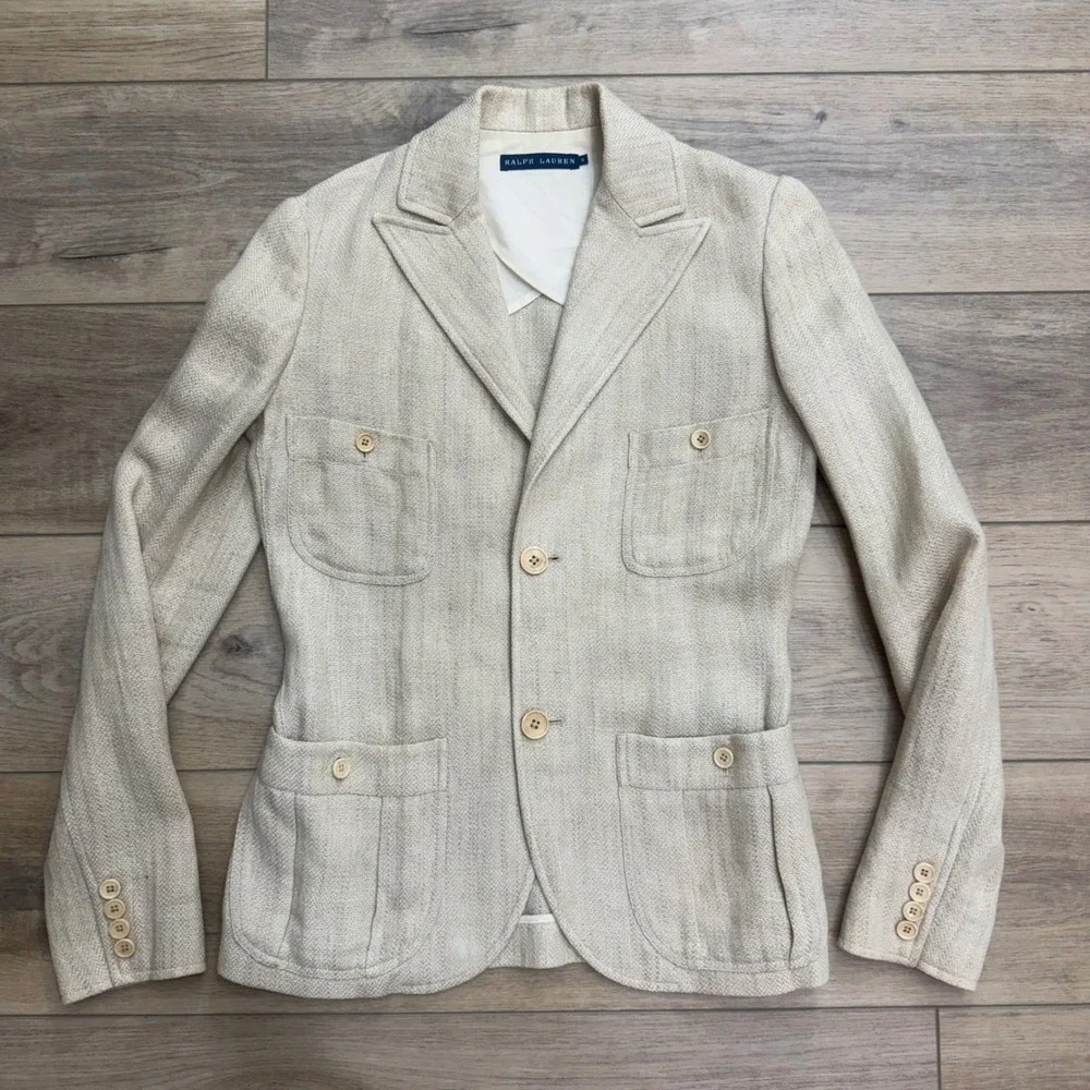 Ralph Lauren Cream Linen Herringbone Safari Blazer Jacket Capsule Italy Size 6 - Picture 1 of 15